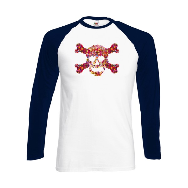 Floral skull -Tee shirt Tête de mort -Fruit of the loom - Baseball T-Shirt LS