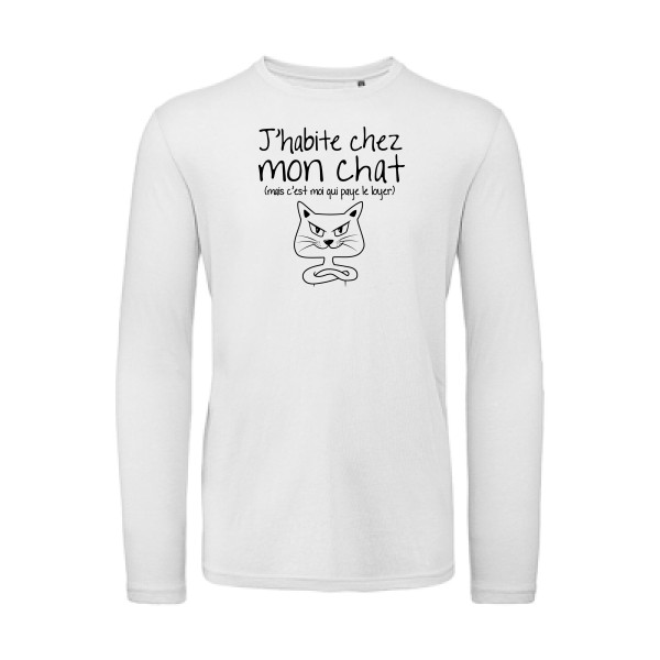 J'habite chez mon chat - T-shirt bio manches longues mignon pour Homme -modèle B&C - T Shirt organique manches longues - thème animaux et chats -