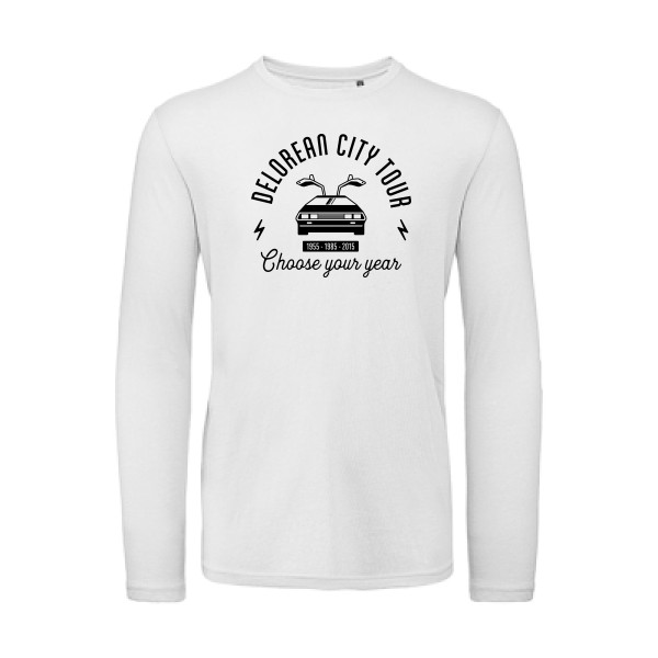 Delorean city tour - T-shirt bio manches longues vintage pour Homme -modèle B&C - T Shirt organique manches longues - thème automobile et cinema -