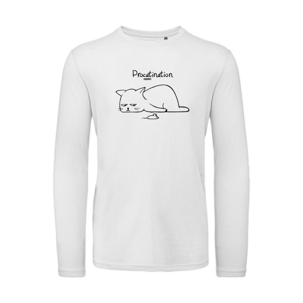 Procatination - T-shirt bio manches longues drole pour Homme -modèle B&C - T Shirt organique manches longues - thème humour et chat -