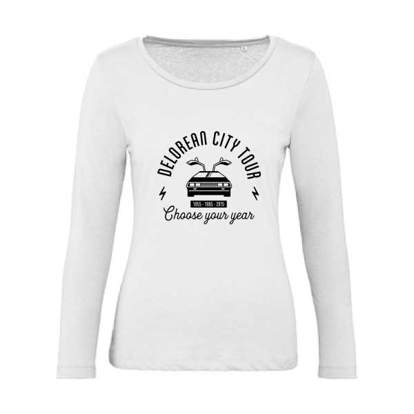 Delorean city tour - T-shirt femme bio manches longues vintage pour Femme -modèle B&C - Inspire LSL women  - thème automobile et cinema -