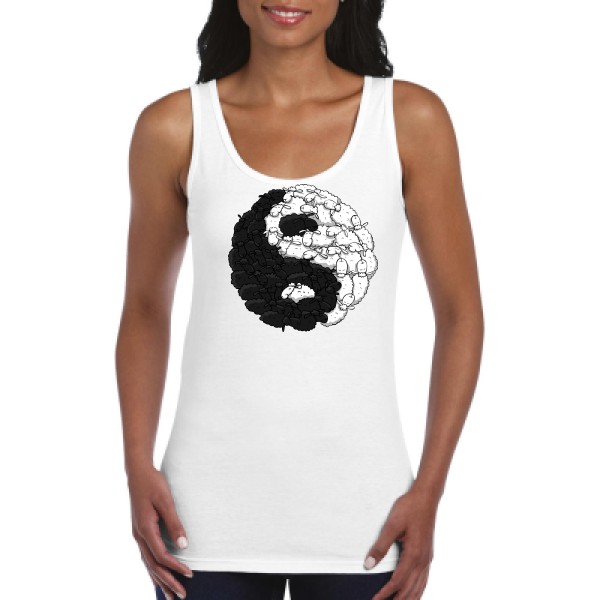 Mouton Yin Yang - Tee shirt humoristique Femme - modèle Gildan - Ladies Softstyle Tank Top - thème zen -