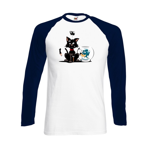 Piranha- T shirt chat et poisson - Fruit of the loom - Baseball T-Shirt LS