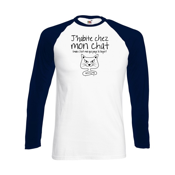 J'habite chez mon chat - T-shirt baseball manche longue mignon pour Homme -modèle Fruit of the loom - Baseball T-Shirt LS - thème animaux et chats -
