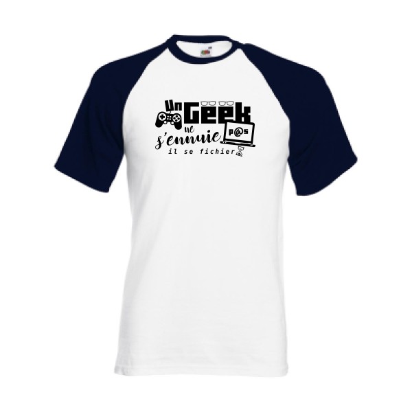 un geek ne s'ennuie pas-T-shirt baseball -thème Geek et humour -Fruit of the Loom - Baseball Tee -