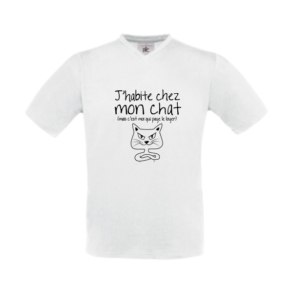 J'habite chez mon chat - T-shirt Col V mignon pour Homme -modèle B&C - Exact V-Neck - thème animaux et chats -