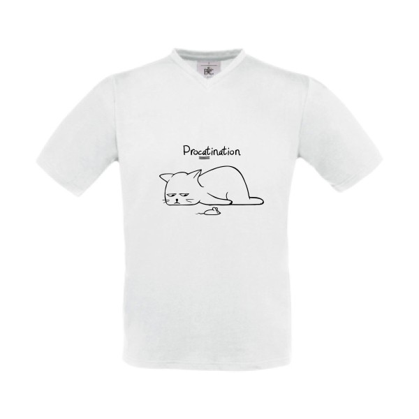 Procatination - T-shirt Col V drole pour Homme -modèle B&C - Exact V-Neck - thème humour et chat -