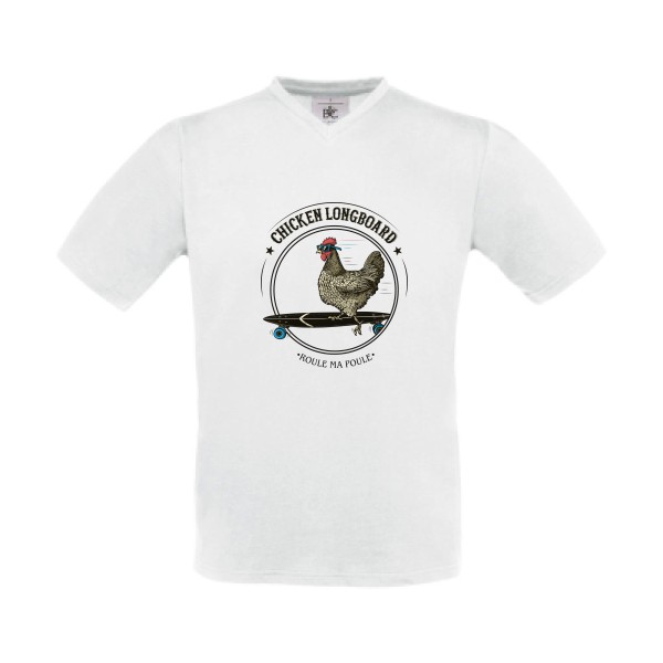 Chicken Longboard - T-shirt Col V - vêtement original avec une poule-