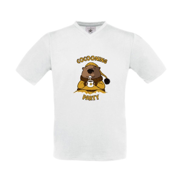 Cocooning - T-shirt Col V humour - Thème tee shirts et sweats drôle pour  Homme -