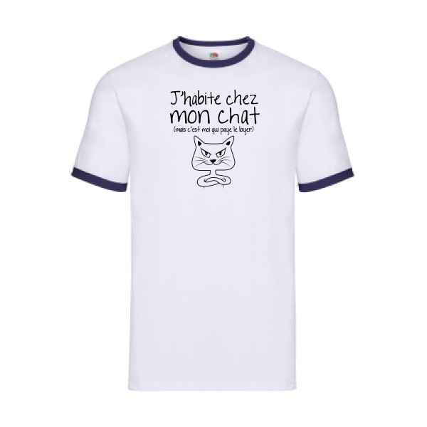 J'habite chez mon chat - T-shirt ringer mignon pour Homme -modèle Fruit of the loom - Ringer Tee - thème animaux et chats -