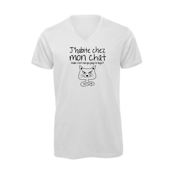 J'habite chez mon chat - T-shirt bio col V mignon pour Homme -modèle B&C - Inspire V/men - thème animaux et chats -