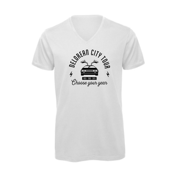 Delorean city tour - T-shirt bio col V vintage pour Homme -modèle B&C - Inspire V/men - thème automobile et cinema -