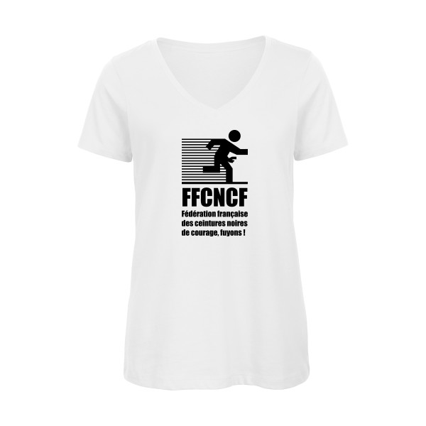  T-shirt femme bio col V Femme original - Ceinture noire de courage, fuyons ! - 