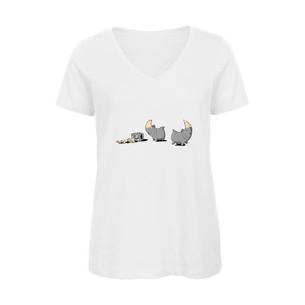 Rhinoféroce - T-shirt femme bio col V humour potache Femme  -B&C - Inspire V/women  - Thème humour noir -