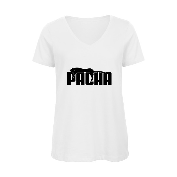 Pacha - T-shirt femme bio col V parodie humour Femme - modèle B&C - Inspire V/women  -thème humour et parodie -