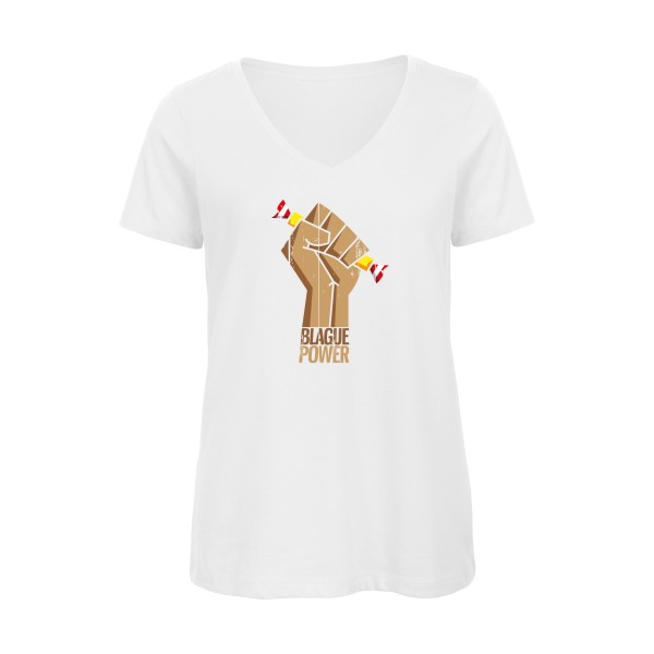 Blague Power - T-shirt femme bio col V parodie Femme - modèle B&C - Inspire V/women  -thème blague carambar -