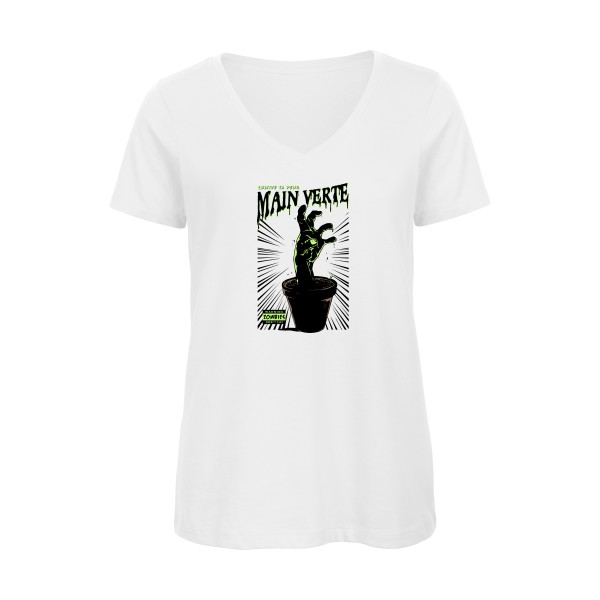 T-shirt femme bio col V original Femme  - Main verte - 