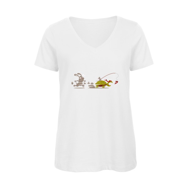 T-shirt femme bio col V Femme rigolo -Le Lièvre et la tortue... ninja -