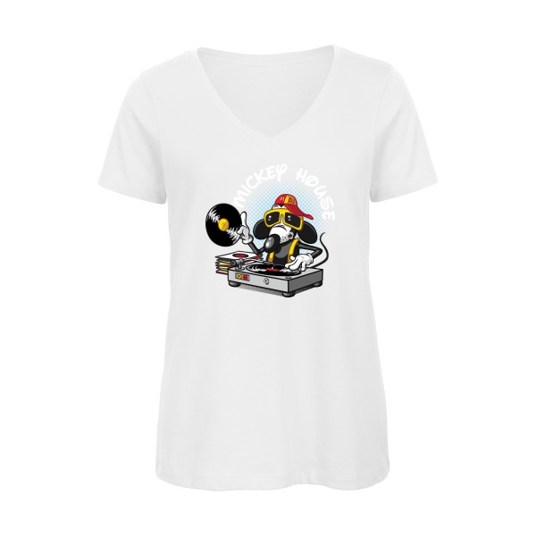 Mickey house v2 -T-shirt femme bio col V mickey Femme  -B&C - Inspire V/women  -Thème parodie et musique -