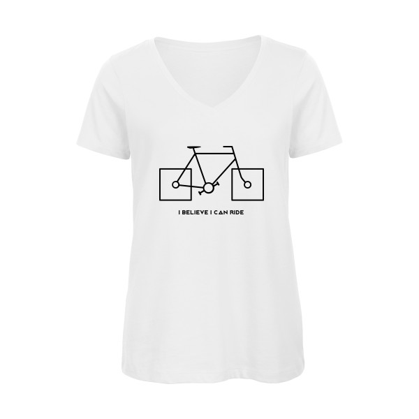 I believe I can ride - T-shirt femme bio col V velo humour Femme - modèle B&C - Inspire V/women  -thème humour et vélo -