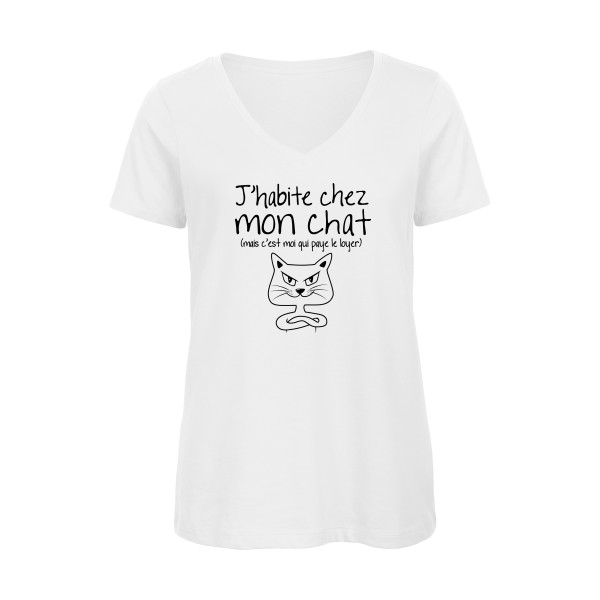 J'habite chez mon chat - T-shirt femme bio col V mignon pour Femme -modèle B&C - Inspire V/women  - thème animaux et chats -