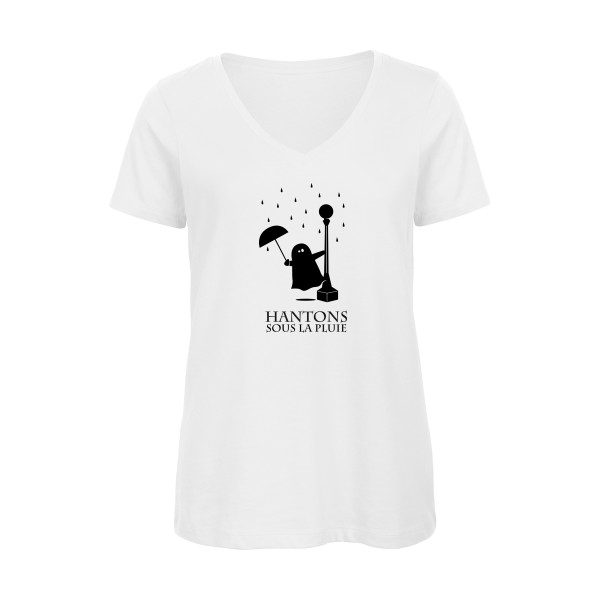 T-shirt femme bio col V original Femme - Hantons sous la pluie -
