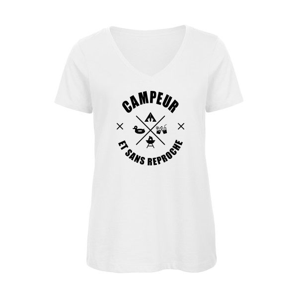 CAMPEUR... - T-shirt femme bio col V camping Femme - modèle B&C - Inspire V/women  -thème humour et scout -