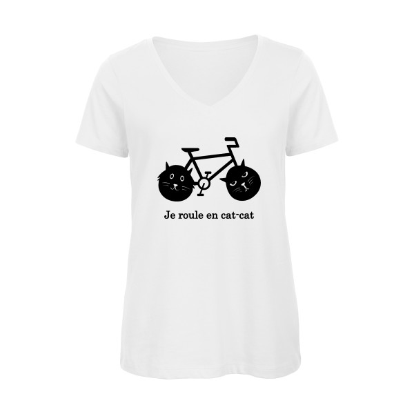 cat-cat bike - T-shirt femme bio col V humour velo - Thème t shirt  et sweat  original pour  Femme -