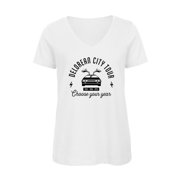 Delorean city tour - T-shirt femme bio col V vintage pour Femme -modèle B&C - Inspire V/women  - thème automobile et cinema -
