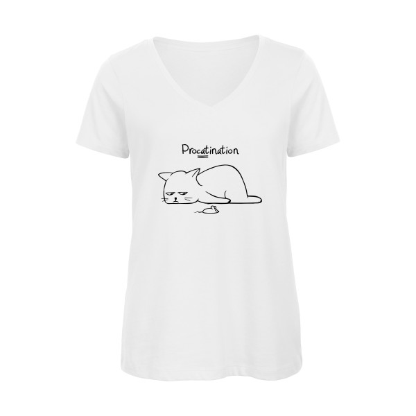 Procatination - T-shirt femme bio col V drole pour Femme -modèle B&C - Inspire V/women  - thème humour et chat -