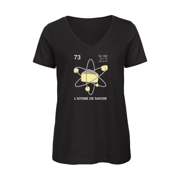 L'Atome de Savoie. - T-shirt femme bio col V humoristique pour Femme -modèle B&C - Inspire V/women  - thème montagne -